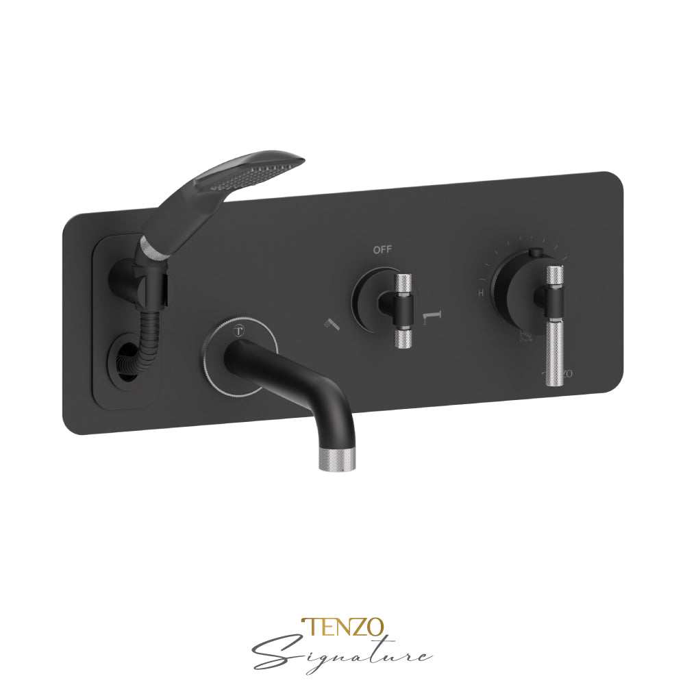 Tenzo Bellacio Wall Mount Thermostatic Tub Filler With Hand Shower, Rough & Trim, Smaller Knurled - BET73-F