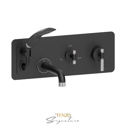 Tenzo Bellacio Wall Mount Thermostatic Tub Filler With Hand Shower, Rough & Trim, Smaller Knurled - BET73-F