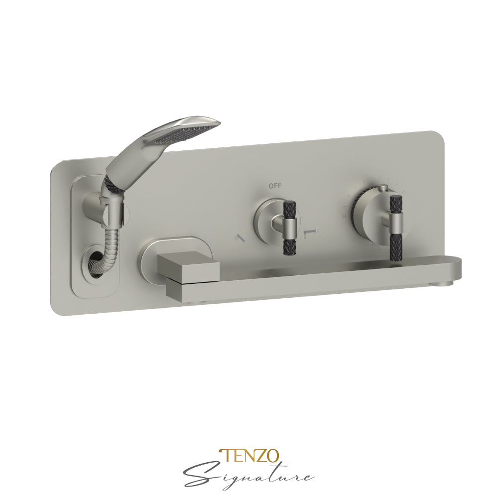 Tenzo Bellacio Wall Mount Thermostatic Tub Filler With Swivel Spout & Hand Shower, Rough & Trim, Larger Knurled - BET74-C