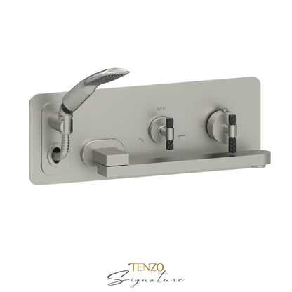 Tenzo Bellacio Wall Mount Thermostatic Tub Filler With Swivel Spout & Hand Shower, Rough & Trim, Larger Knurled - BET74-C