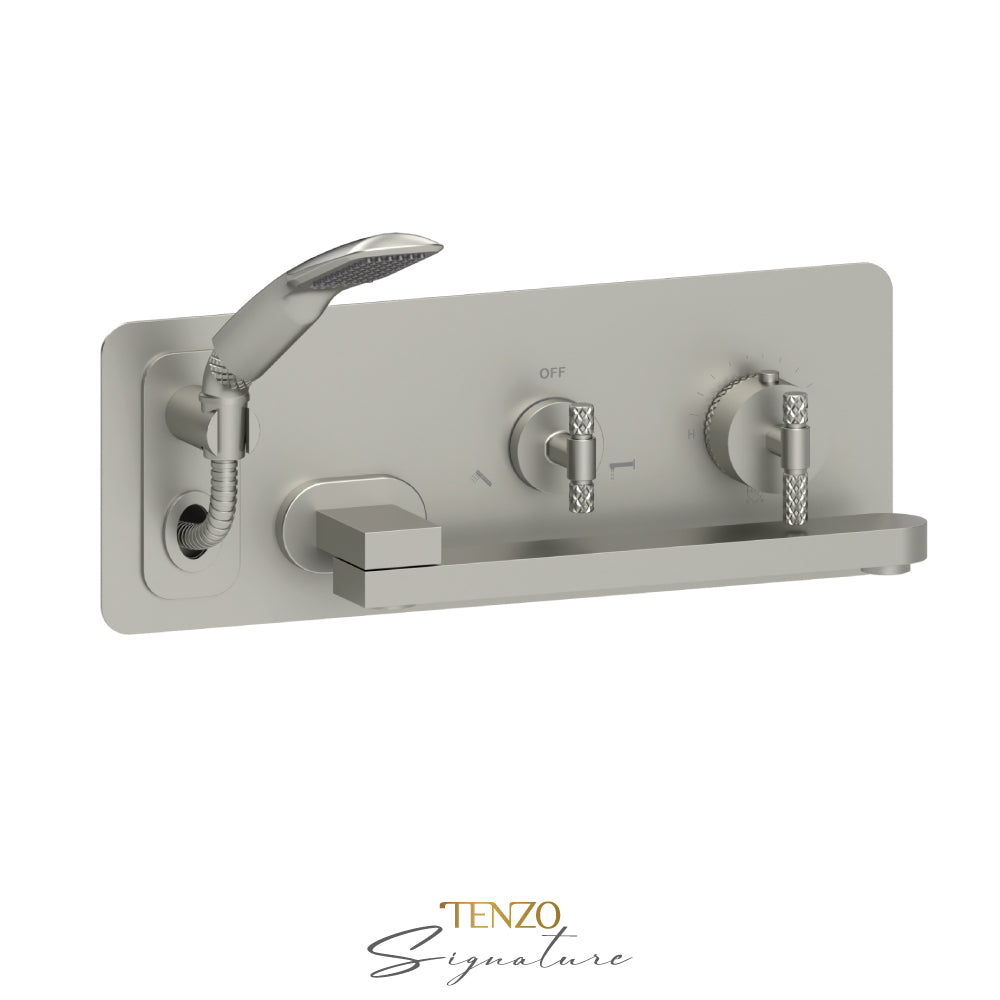 Tenzo Bellacio Wall Mount Thermostatic Tub Filler With Swivel Spout & Hand Shower, Rough & Trim, Larger Knurled - BET74-C