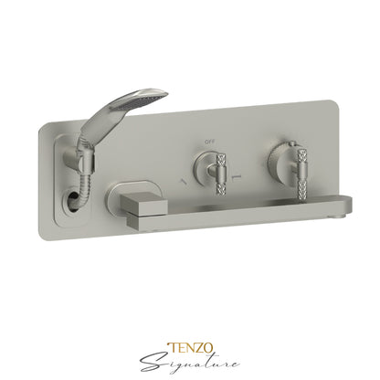 Tenzo Bellacio Wall Mount Thermostatic Tub Filler With Swivel Spout & Hand Shower, Rough & Trim, Larger Knurled - BET74-C