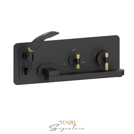 Tenzo Bellacio Wall Mount Thermostatic Tub Filler With Swivel Spout & Hand Shower, Rough & Trim, Larger Knurled - BET74-C