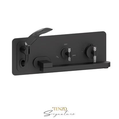 Tenzo Bellacio Wall Mount Thermostatic Tub Filler With Swivel Spout & Hand Shower, Rough & Trim, Larger Knurled - BET74-C