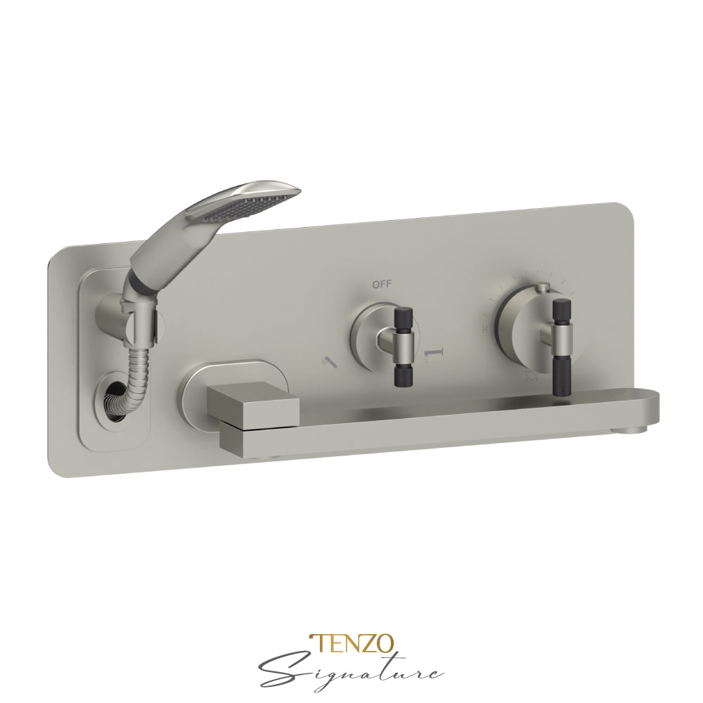 Tenzo Bellacio Wall Mount Thermostatic Tub Filler With Swivel Spout & Hand Shower, Rough & Trim, Smaller Knurled - BET74-F