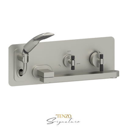 Tenzo Bellacio Wall Mount Thermostatic Tub Filler With Swivel Spout & Hand Shower, Rough & Trim, Smaller Knurled - BET74-F