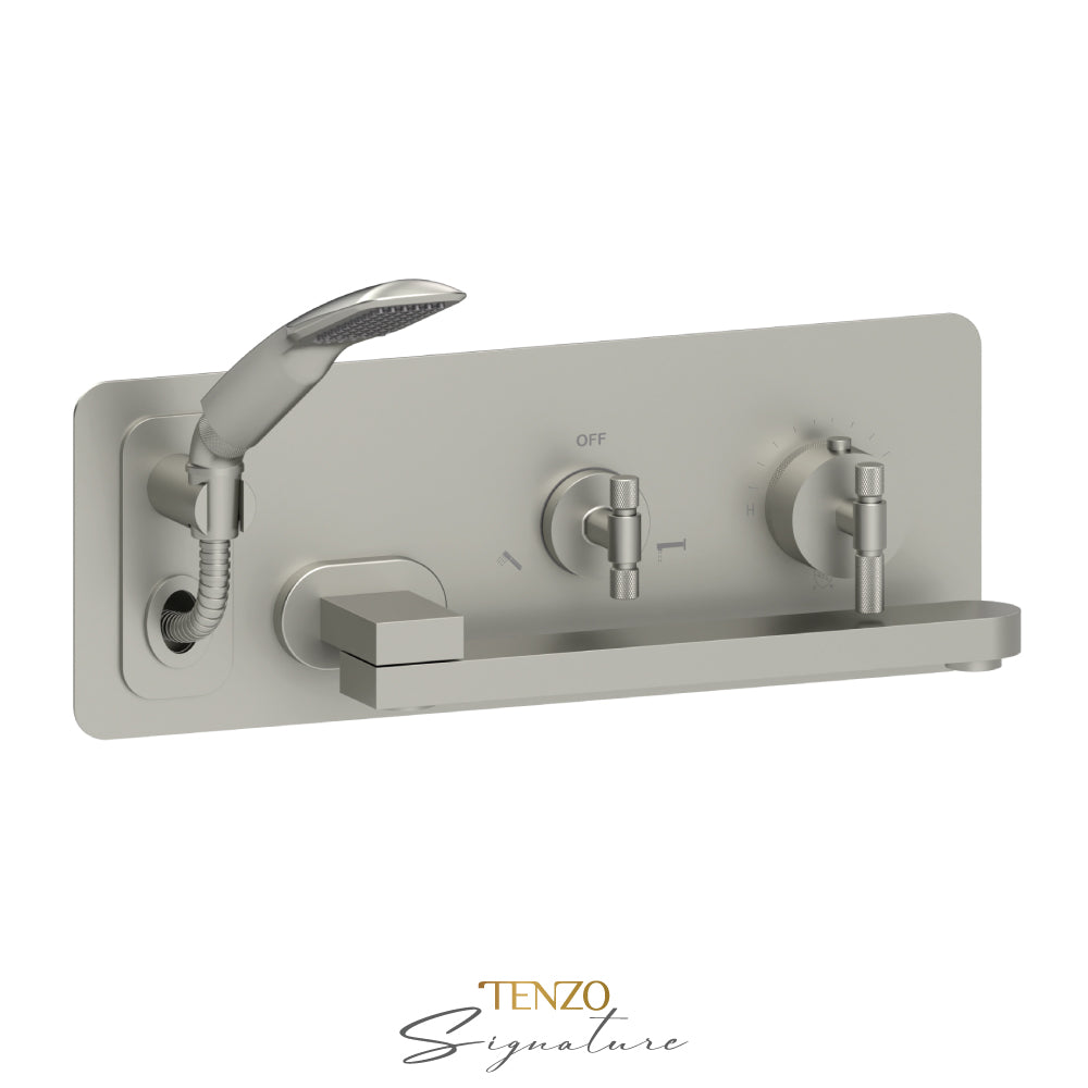Tenzo Bellacio Wall Mount Thermostatic Tub Filler With Swivel Spout & Hand Shower, Rough & Trim, Smaller Knurled - BET74-F