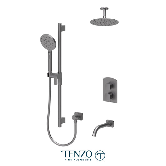 Tenzo Delano T-Box 3-Function Pressure Balance Shower Kit Trim, 10" Round AirBoost Rain Head, Ceiling Arm & Tub Spout - F-DEPB33-511315R