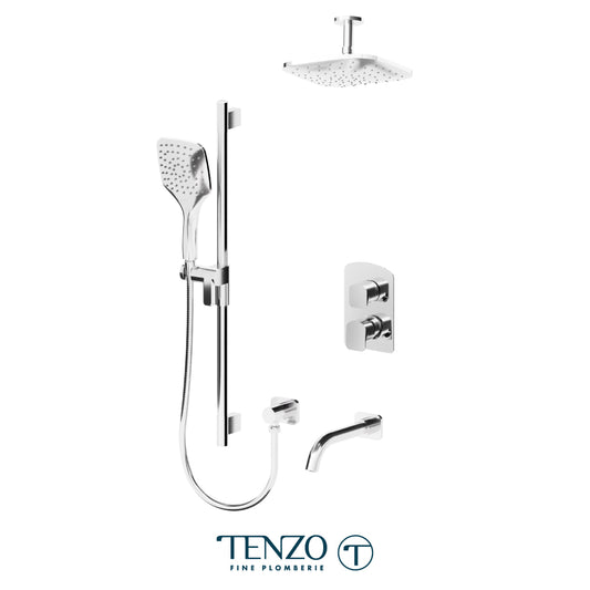 Tenzo Delano T-Box 3-Function Pressure Balance Shower Kit Trim, 9" Rain Head, Ceiling Arm & Tub Spout - F-DEPB33-511345