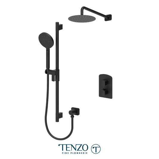 Tenzo Delano T-Box 2-Function Thermostatic Shower Kit Trim, 10" Round AirBoost Rain Head & Wall Arm - F-DET32-20111R