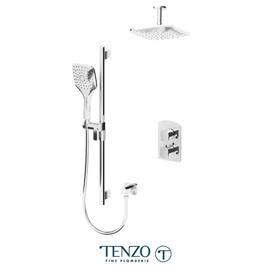 Tenzo Delano T-Box 2-Function Thermostatic Shower Kit Trim, 9" Rain Head & Ceiling Arm - F-DET32-21134