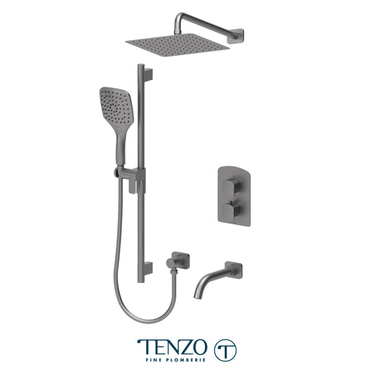 Tenzo Delano T-Box 3-Function Thermostatic Shower Kit Trim, 10" AirBoost Rain Head, Wall Arm & Tub Spout - F-DET33-501115