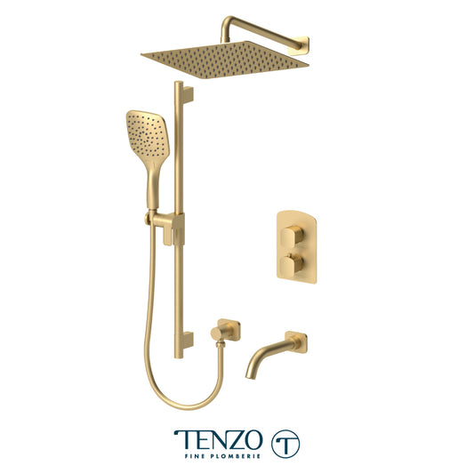 Tenzo Delano T-Box 3-Function Thermostatic Shower Kit Trim, 12" AirBoost Rain Head, Wall Arm & Tub Spout - F-DET33-501125