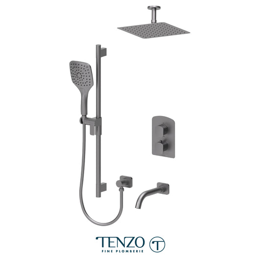 Tenzo Delano T-Box 3-Function Thermostatic Shower Kit Trim, 10" AirBoost Rain Head, Ceiling Arm & Tub Spout - F-DET33-511315