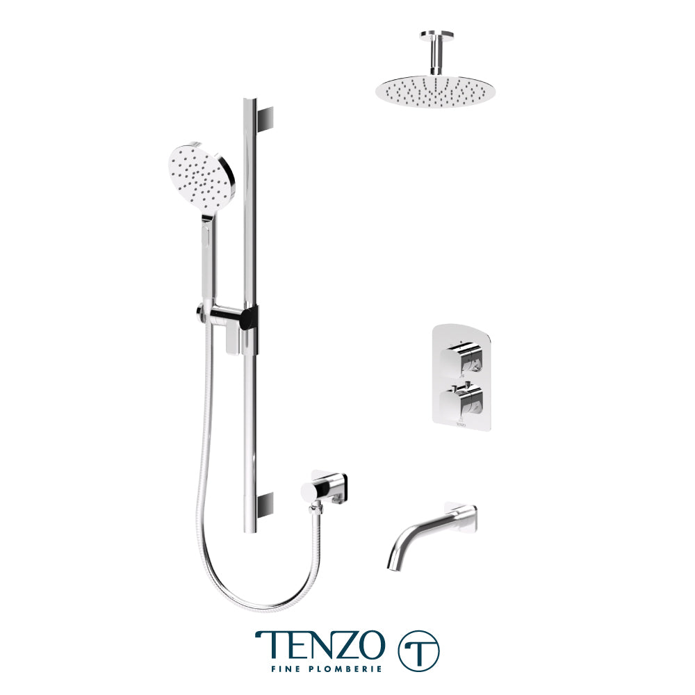 Tenzo Delano T-Box 3-Function Thermostatic Shower Kit, 10" Round AirBoost Rain Head & Ceiling Arm - DET33-511315R