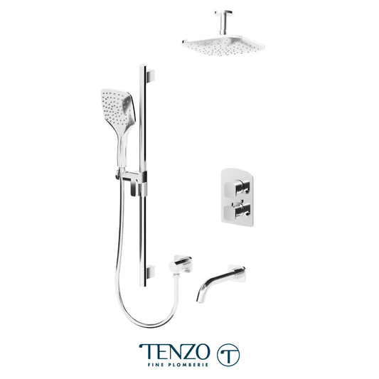Tenzo Delano T-Box 3-Function Thermostatic Shower Kit Trim, 9" Rain Head, Ceiling Arm & Tub Spout - F-DET33-511345