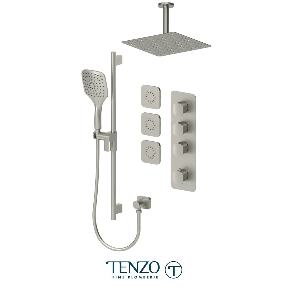 Tenzo Delano Extenza 3-Function Thermostatic Shower Kit, 12" AirBoost Rain Head & Ceiling Arm & 3 Body Jets - DET43-511315