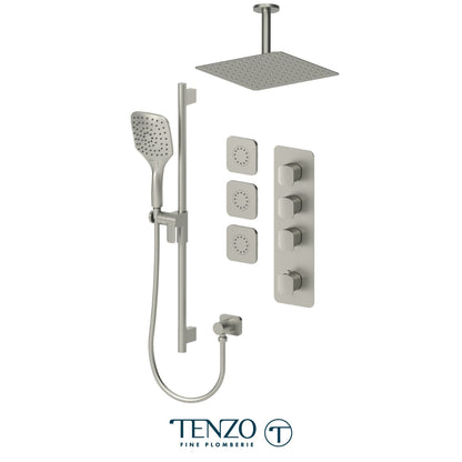 Tenzo Delano Extenza 3-Function Thermostatic Shower Kit, 12" AirBoost Rain Head & Ceiling Arm & 3 Body Jets - DET43-511315