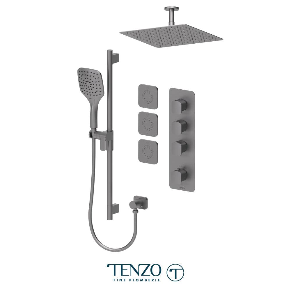 Tenzo Delano Extenza 3-Function Thermostatic Shower Kit, 12" AirBoost Rain Head & Ceiling Arm & 3 Body Jets - DET43-511315