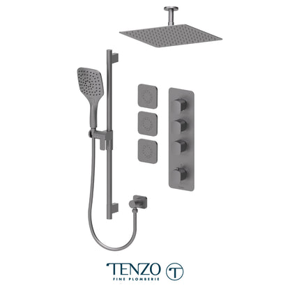 Tenzo Delano Extenza 3-Function Thermostatic Shower Kit, 12" AirBoost Rain Head & Ceiling Arm & 3 Body Jets - DET43-511315