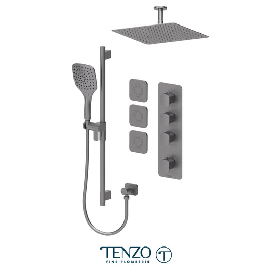 Tenzo Delano Extenza 3-Function Thermostatic Shower Kit Trim, 12" AirBoost Rain Head, Ceiling Arm & 3 Body Jets - F-DET43-511315