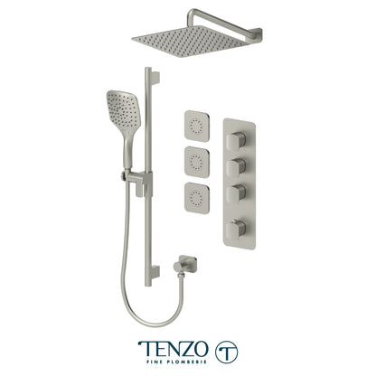 Tenzo Delano Extenza 3-Function Thermostatic Shower Kit, 12" AirBoost Rain Head & Wall Arm & 3 Body Jets - DET43-571112