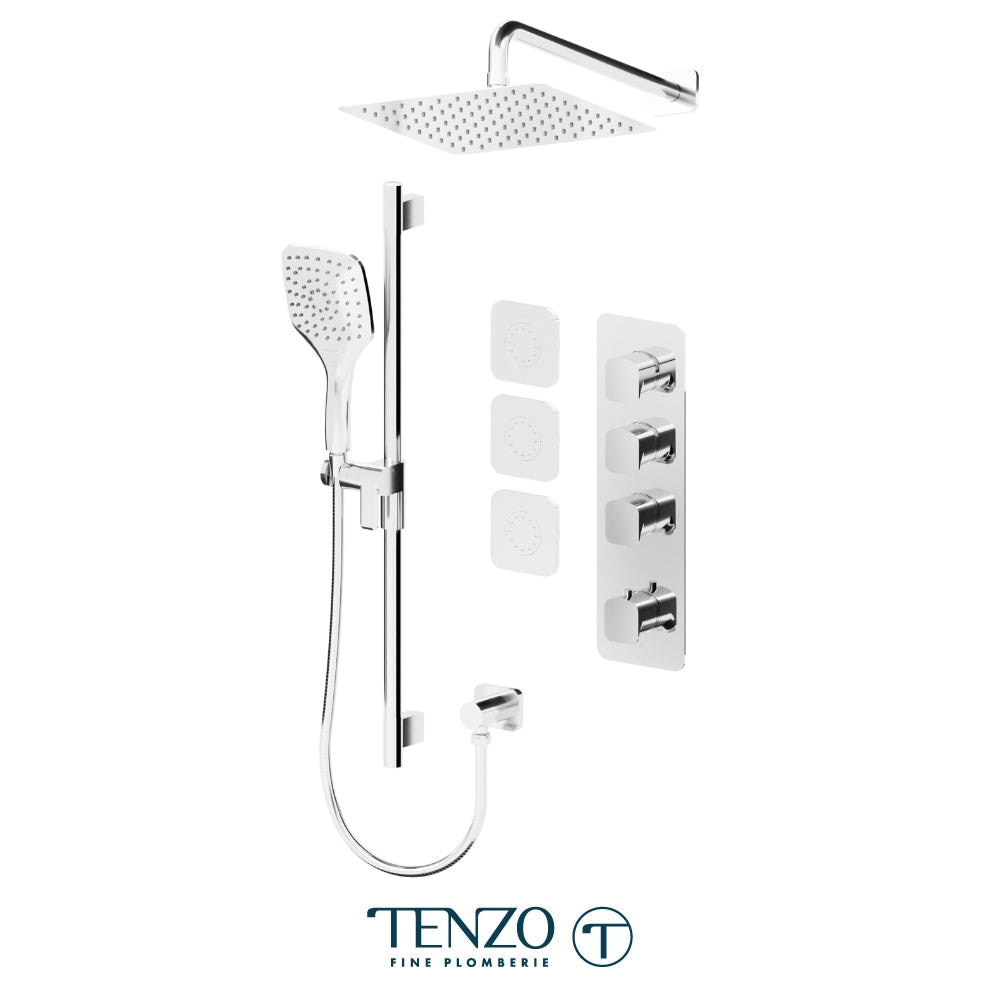 Tenzo Delano Extenza 3-Function Thermostatic Shower Kit, 12" AirBoost Rain Head & Wall Arm & 3 Body Jets - DET43-571112