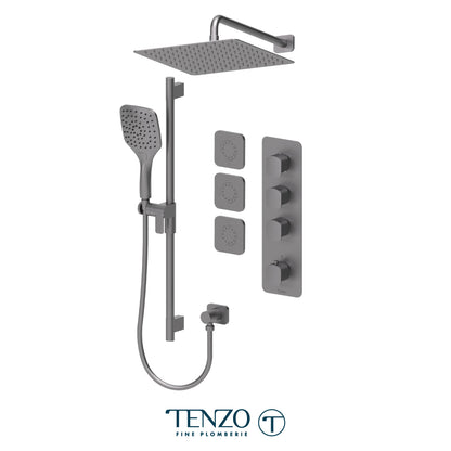Tenzo Delano Extenza 3-Function Thermostatic Shower Kit, 12" AirBoost Rain Head & Wall Arm & 3 Body Jets - DET43-571112