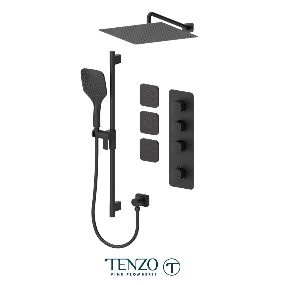Tenzo Delano Extenza 3-Function Thermostatic Shower Kit, 12" AirBoost Rain Head & Wall Arm & 3 Body Jets - DET43-571112