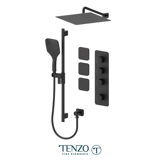 Tenzo Delano Extenza 3-Function Thermostatic Shower Kit Trim, 12" AirBoost Rain Head, Wall Arm & 3 Body Jets - F-DET43-571112