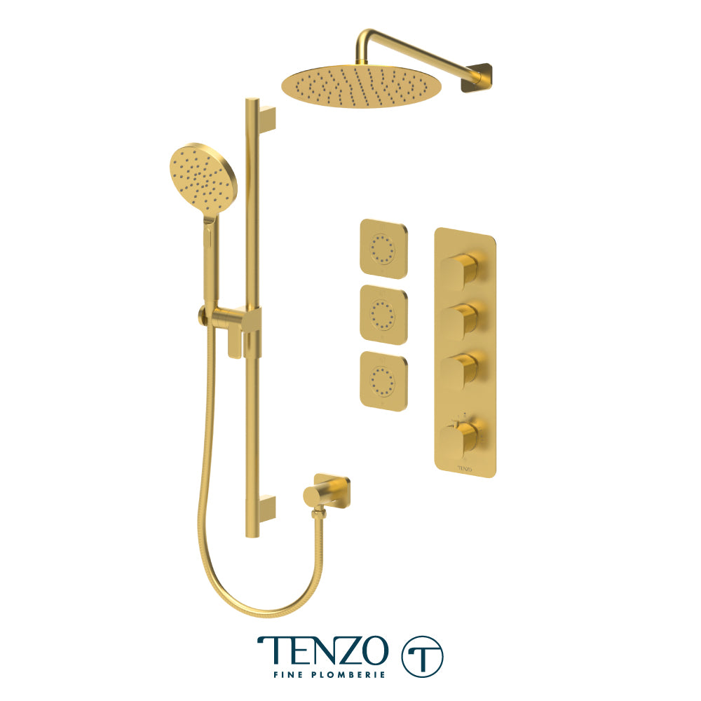 Tenzo Delano Extenza 3-Function Thermostatic Shower Kit, 12" Round AirBoost Rain Head & Wall Arm & 3 Body Jets - DET43-571112R
