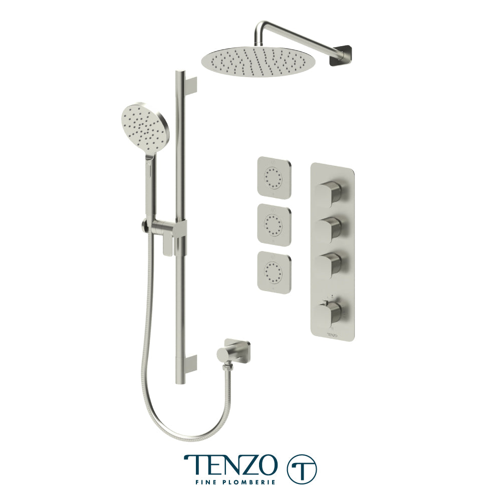 Tenzo Delano Extenza 3-Function Thermostatic Shower Kit, 12" Round AirBoost Rain Head & Wall Arm & 3 Body Jets - DET43-571112R