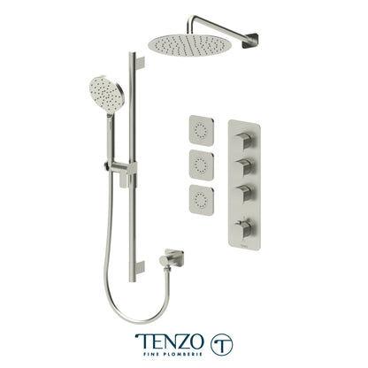 Tenzo Delano Extenza 3-Function Thermostatic Shower Kit, 12" Round AirBoost Rain Head & Wall Arm & 3 Body Jets - DET43-571112R