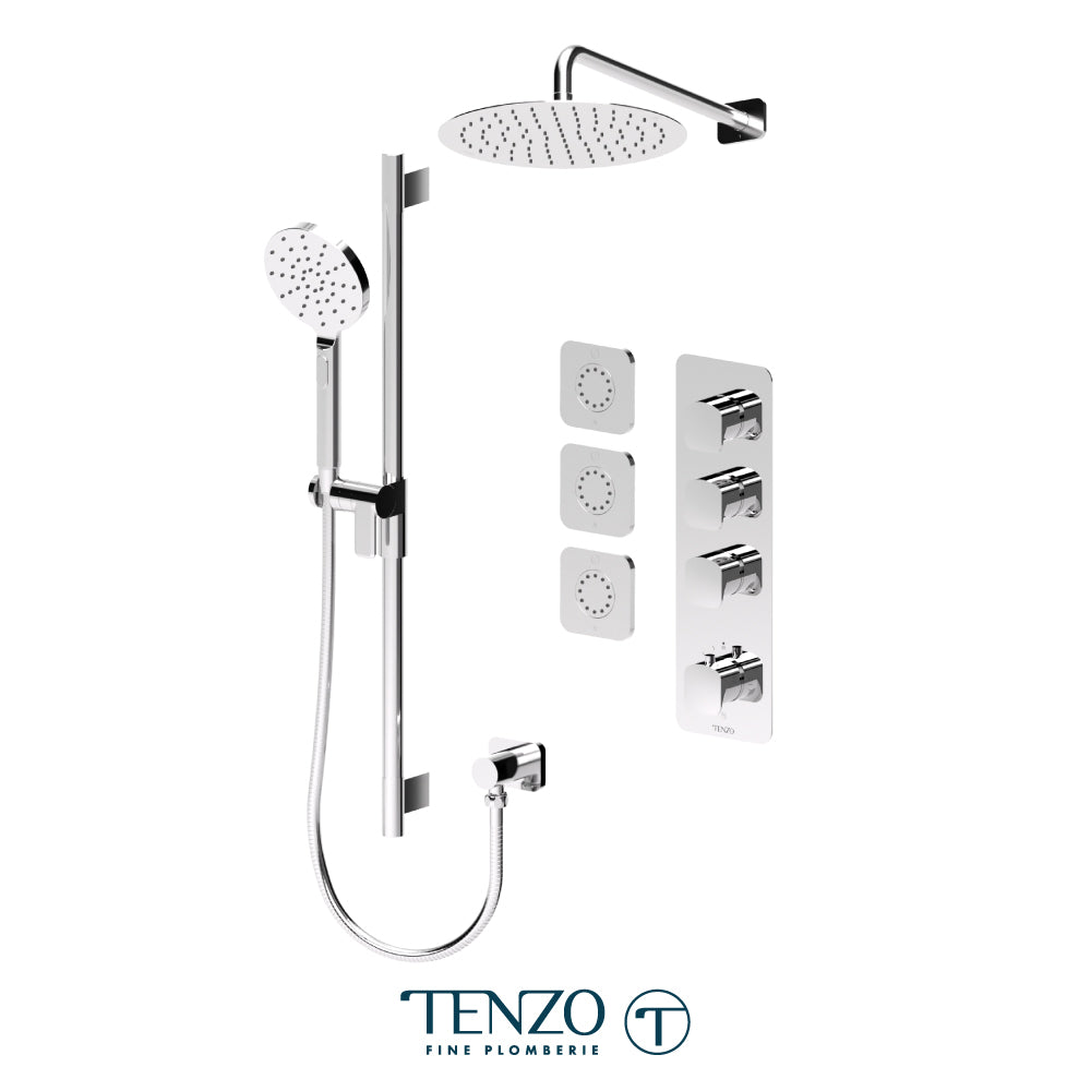 Tenzo Delano Extenza 3-Function Thermostatic Shower Kit, 12" Round AirBoost Rain Head & Wall Arm & 3 Body Jets - DET43-571112R