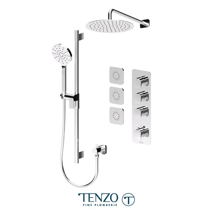 Tenzo Delano Extenza 3-Function Thermostatic Shower Kit, 12" Round AirBoost Rain Head & Wall Arm & 3 Body Jets - DET43-571112R