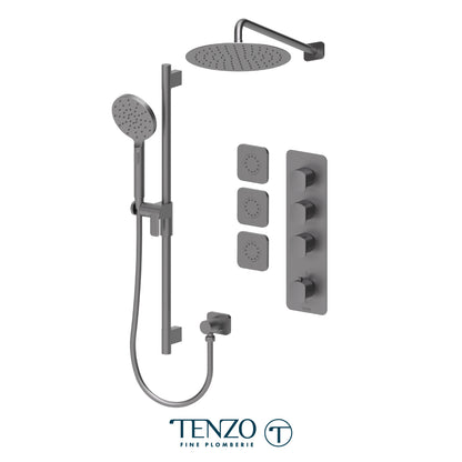 Tenzo Delano Extenza 3-Function Thermostatic Shower Kit, 12" Round AirBoost Rain Head & Wall Arm & 3 Body Jets - DET43-571112R