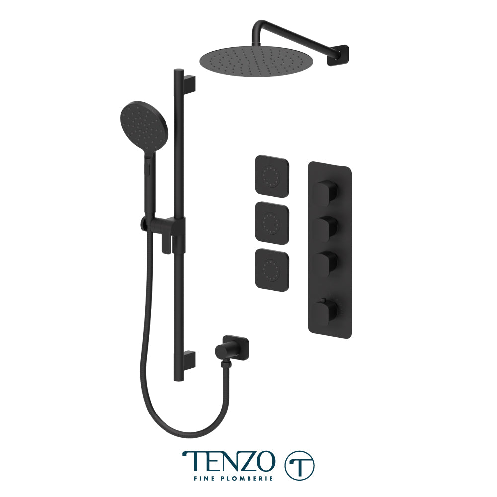 Tenzo Delano Extenza 3-Function Thermostatic Shower Kit, 12" Round AirBoost Rain Head & Wall Arm & 3 Body Jets - DET43-571112R