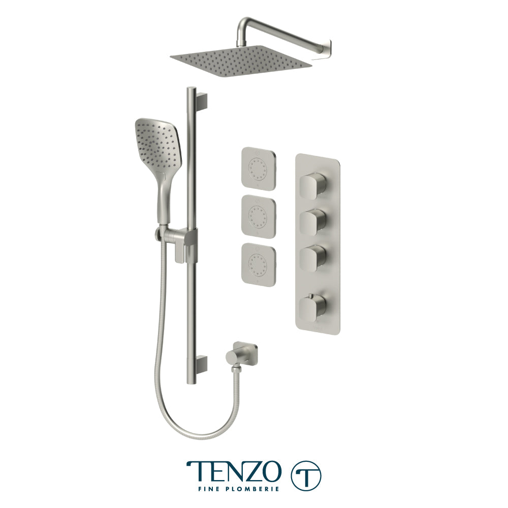 Tenzo Delano Extenza 3-Function Thermostatic Shower Kit, 10" AirBoost Rain Head & Wall Arm & 3 Body Jets - DET43-571168