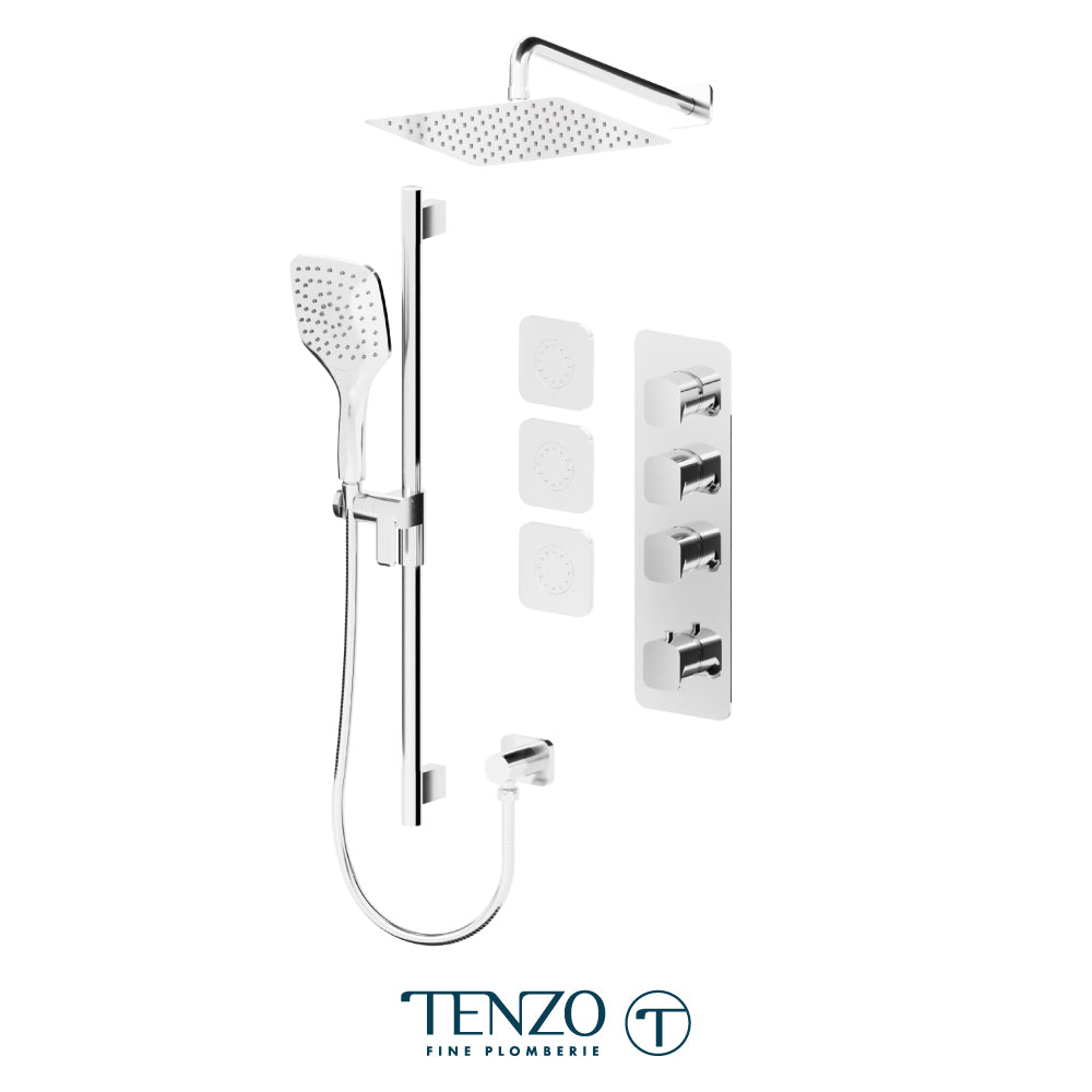 Tenzo Delano Extenza 3-Function Thermostatic Shower Kit, 10" AirBoost Rain Head & Wall Arm & 3 Body Jets - DET43-571168