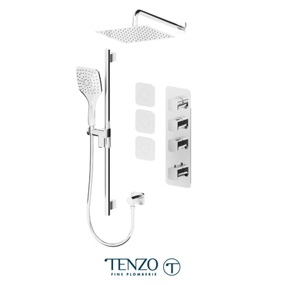 Tenzo Delano Extenza 3-Function Thermostatic Shower Kit, 10" AirBoost Rain Head & Wall Arm & 3 Body Jets - DET43-571168