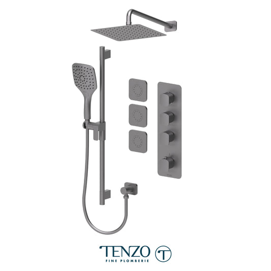 Tenzo Delano Extenza 3-Function Thermostatic Shower Kit Trim, 10" AirBoost Rain Head, Wall Arm & 3 Body Jets - F-DET43-571168