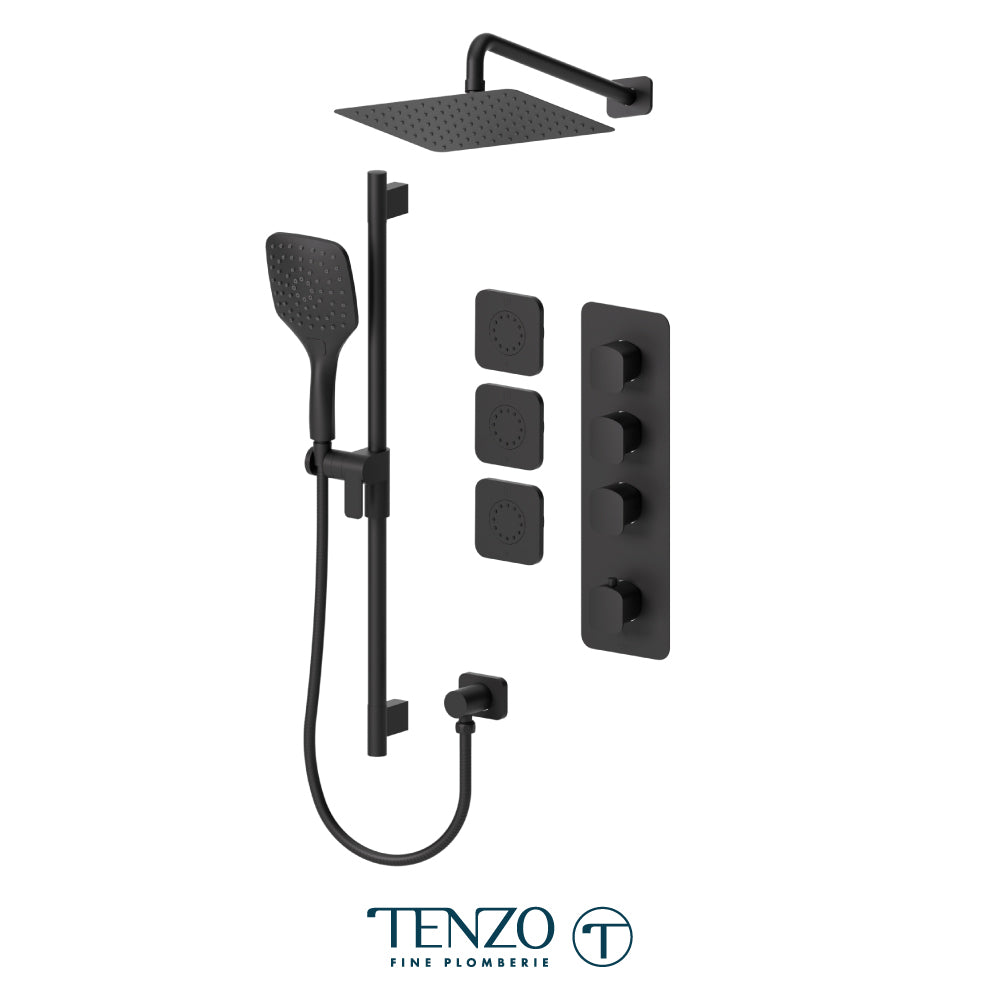 Tenzo Delano Extenza 3-Function Thermostatic Shower Kit, 10" AirBoost Rain Head & Wall Arm & 3 Body Jets - DET43-571168