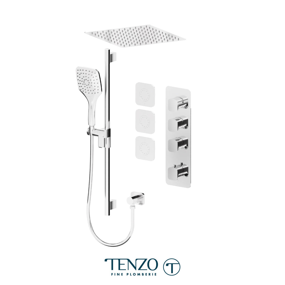 Tenzo Delano Extenza 3-Function Thermostatic Shower Kit, 12" Recessed Ceiling Rain Head & 3 Body Jets - DET43-601658