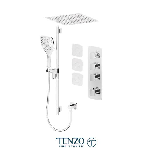 Tenzo Delano Extenza 3-Function Thermostatic Shower Kit Trim, 12" Recessed Ceiling Rain Head & 3 Body Jets - F-DET43-601658