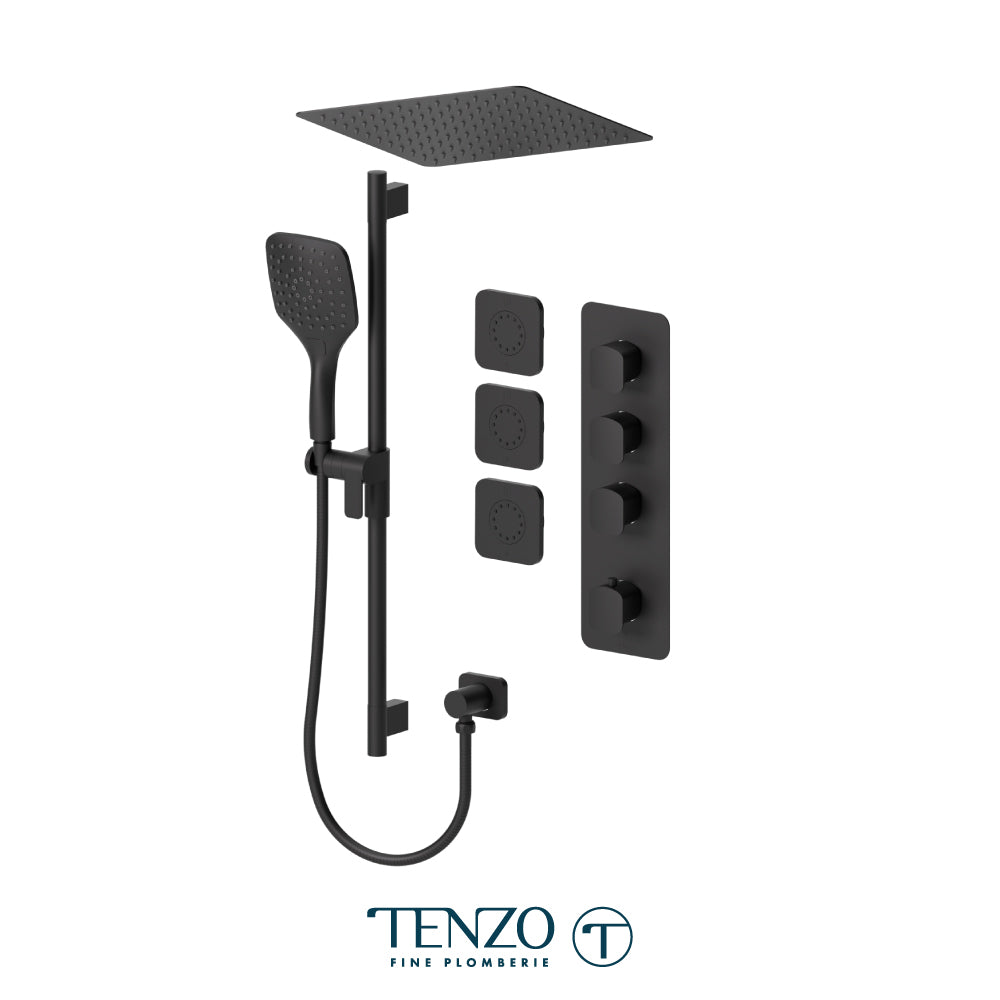 Tenzo Delano Extenza 3-Function Thermostatic Shower Kit, 12" Recessed Ceiling Rain Head & 3 Body Jets - DET43-601658