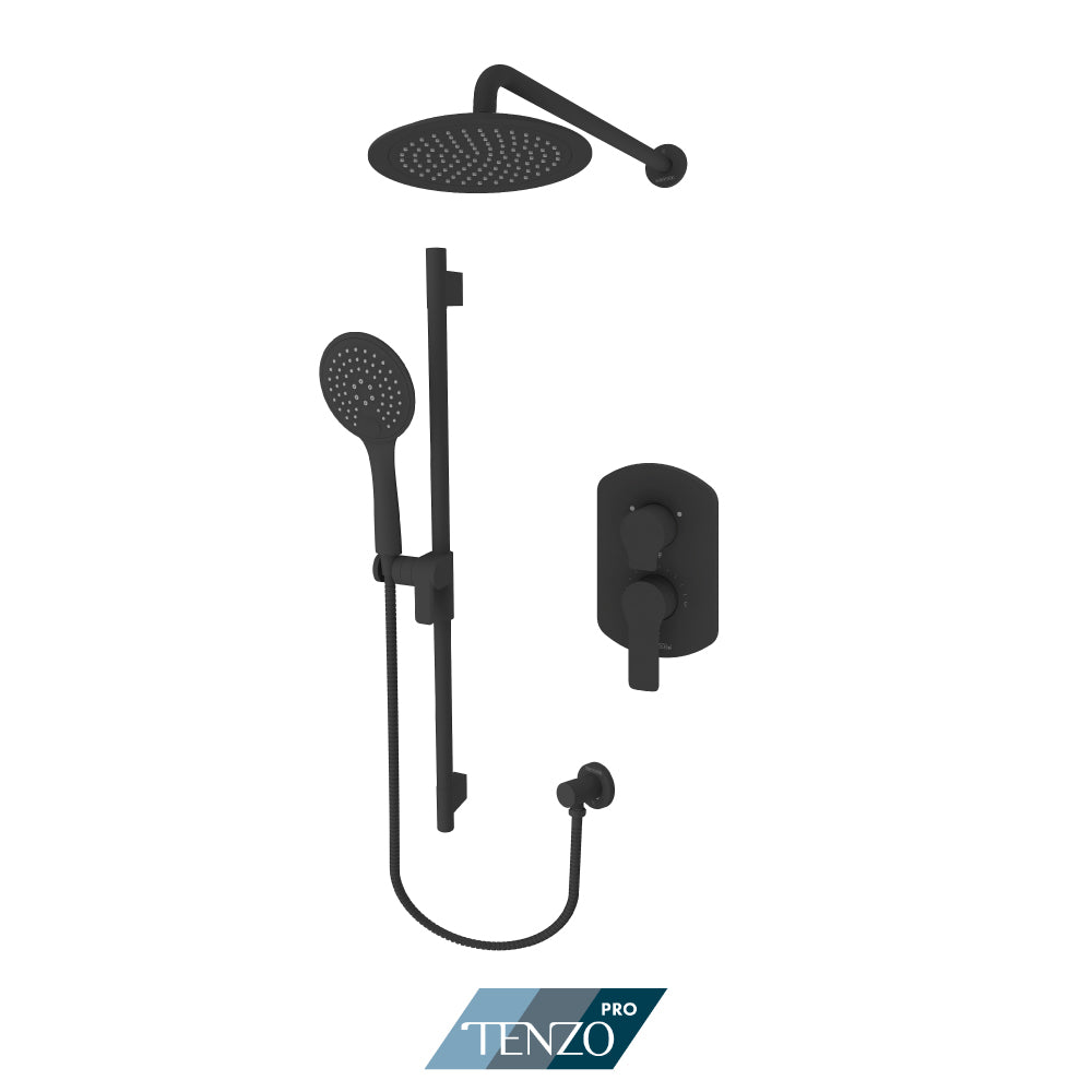 Tenzo Galia Pressure Balance Shower Kit Trim, 9" Round Rain Head & Sliding Bar Kit With Round Hand Shower - F-GAPB22-R1130