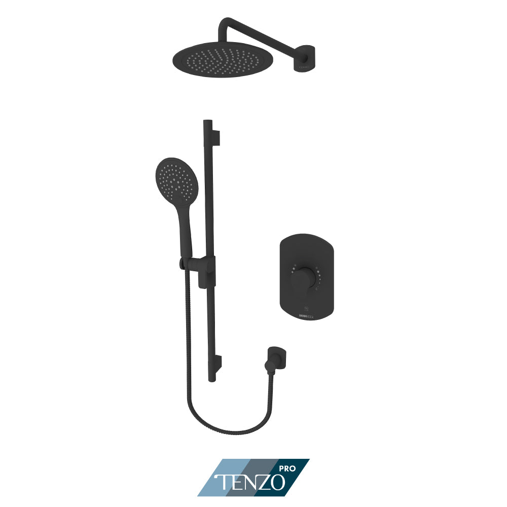 Tenzo Galia Rotary Pressure Balance Shower Kit Trim, 9" Round Rain Head & Sliding Bar Kit With Round Hand Shower - F-GAPB22R-R1130