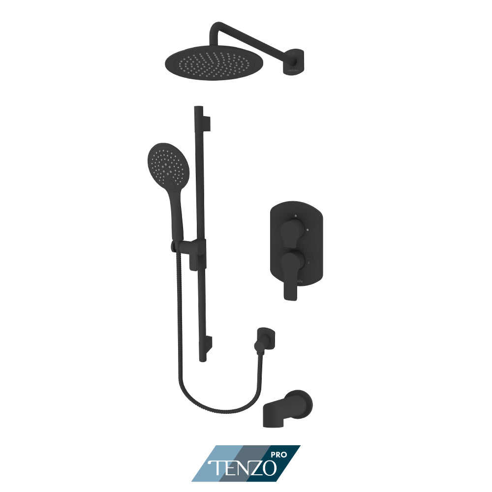 Tenzo Galia Pressure Balance Shower Kit Trim, 9" Round Rain Head, Sliding Bar Kit With Round Hand Shower & Tub Spout - F-GAPB23-R1131
