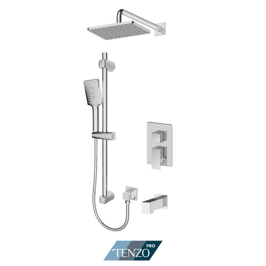 Tenzo Kalissa Pressure Balance Shower Kit Trim, Rectangular Rain Head, Sliding Bar Kit With Square Hand Shower & Tub Spout - F-KAPB23-1131