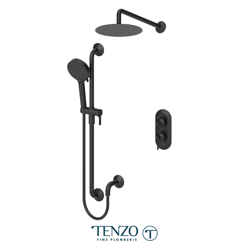 Tenzo Paloma T-Box 2-Function Pressure Balance Shower Kit Trim, 10" Round Rain Head, Wall Arm & Sliding Bar Kit - F-PALPB32-20111